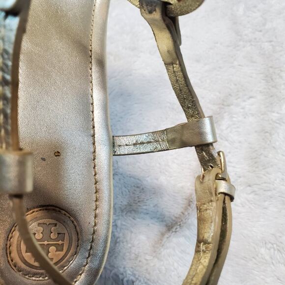 Tory Burch Gold Metallic Bohemian Formal T Strap Sandal Buckle Wedge Heels 10 M - Picture 13 of 16